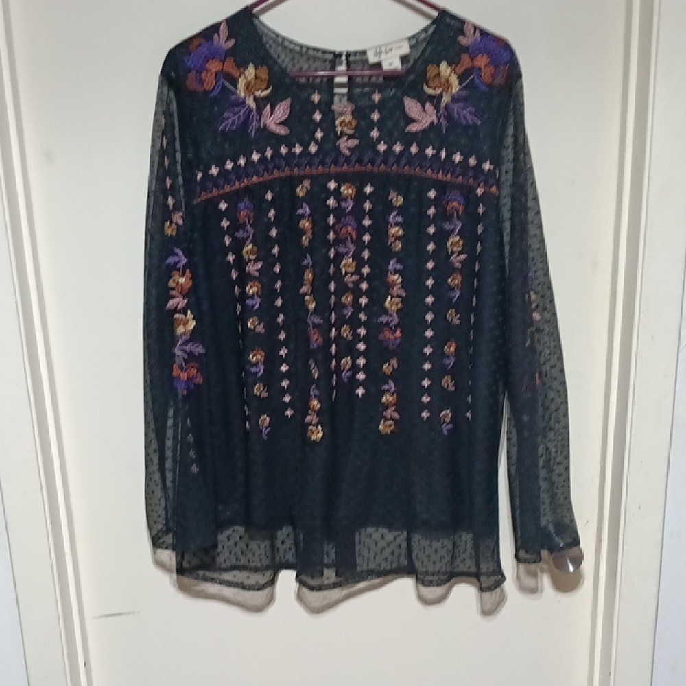 Style & Co. Blue Embellished Long Sleeve Blouse